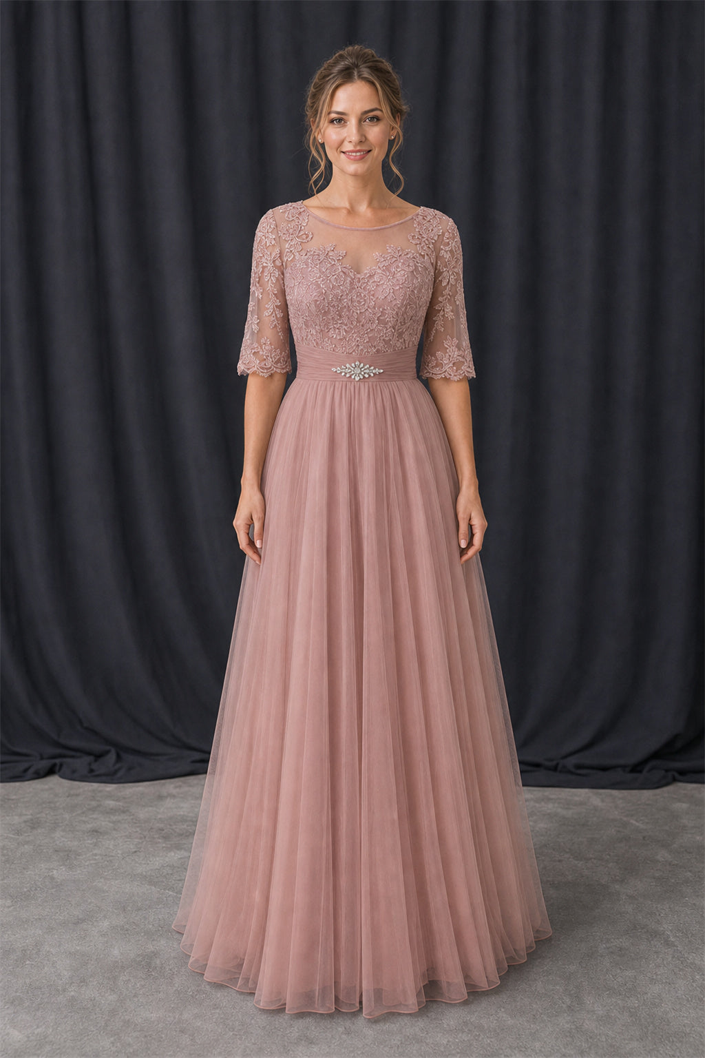 Dusty Rose Bateau Half Sleeve A-Line Tulle Floor-Length Dress With Lace Bodice