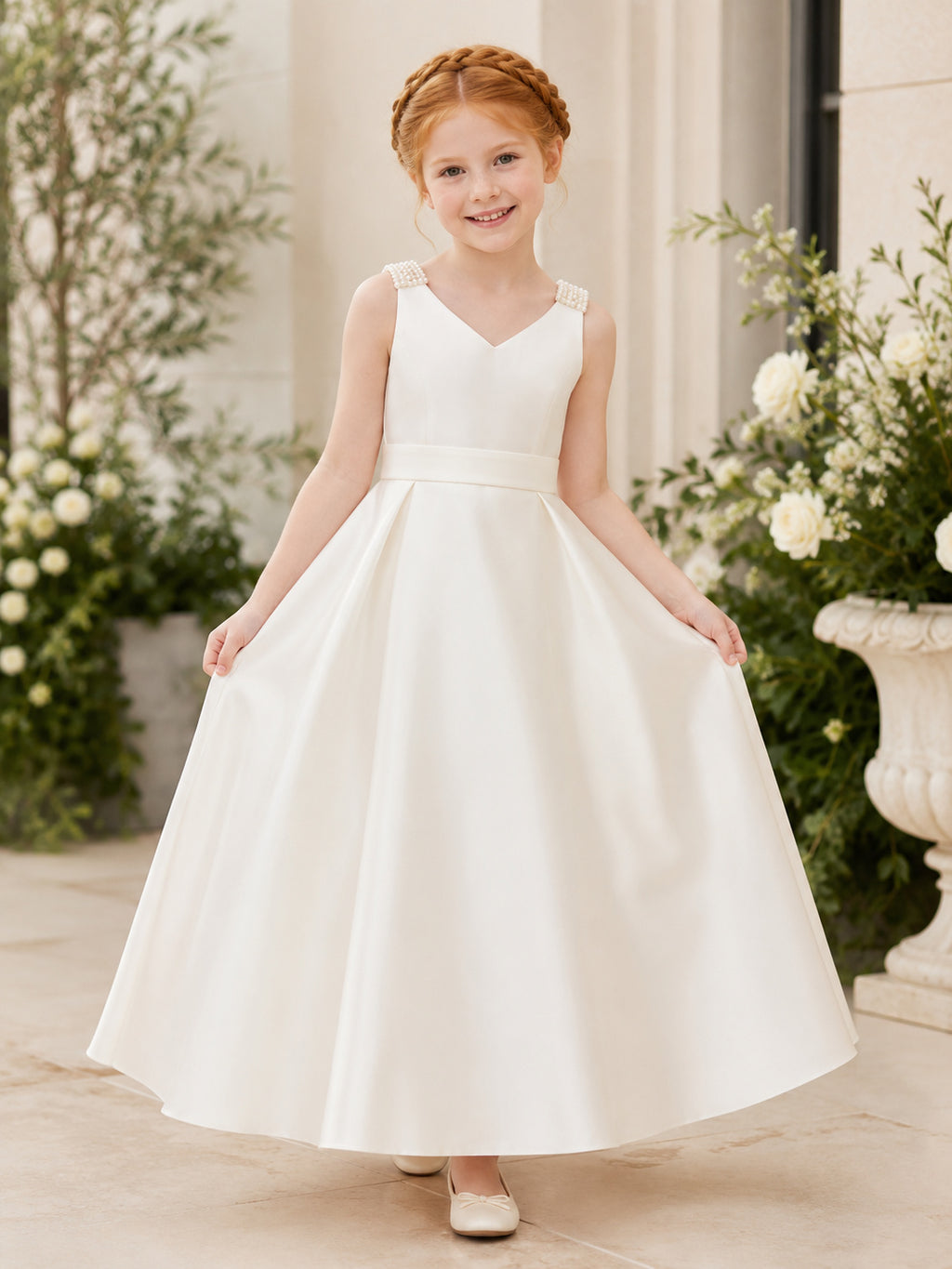 Flower Girl Dress Ivory Satin A-Line V-Neck Tea Length Bow Back front view