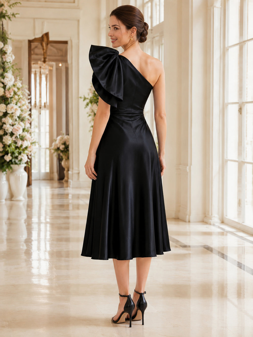 Black One Shoulder Sculptural Ruffle Satin A Line Midi Guest Dress back view