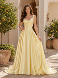 Daffodil Yellow Spaghetti Strap Satin Basque Corset A-Line Chapel Wedding Dress front view