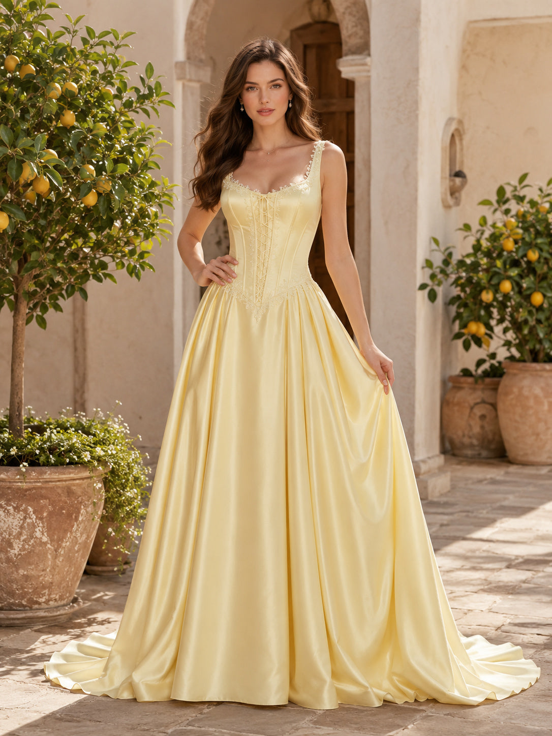 Daffodil Yellow Spaghetti Strap Satin Basque Corset A-Line Chapel Wedding Dress front view