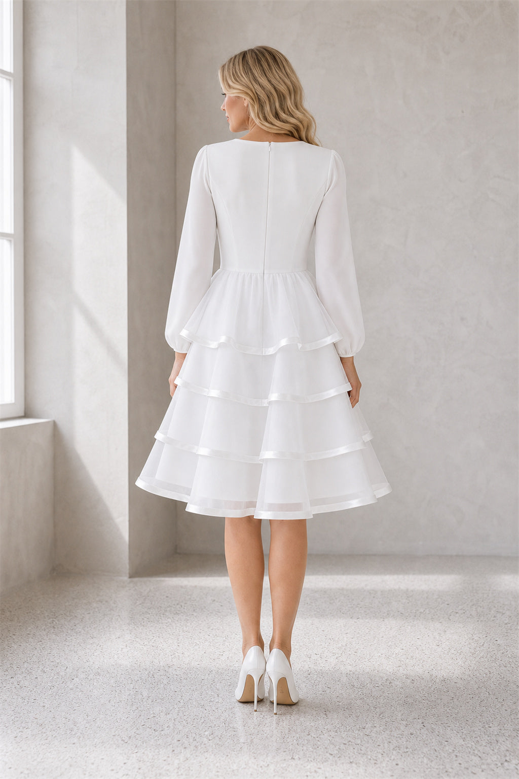 White Bateau Long Sleeves A-Line Organza Knee-length Dress With Tiered Skirt