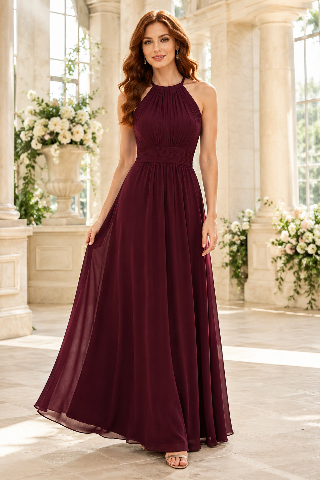 Burgundy Halter Chiffon A-Line Bridesmaid Dress with High Neck and Flowing Skirt front view