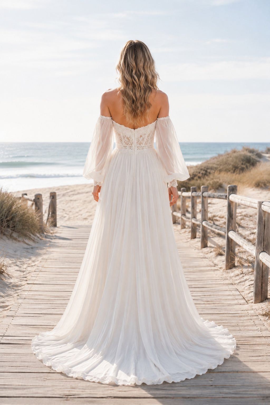 Ivory Off-the-Shoulder Long Sleeve Chiffon A-Line Wedding Dress with Soft Train back view