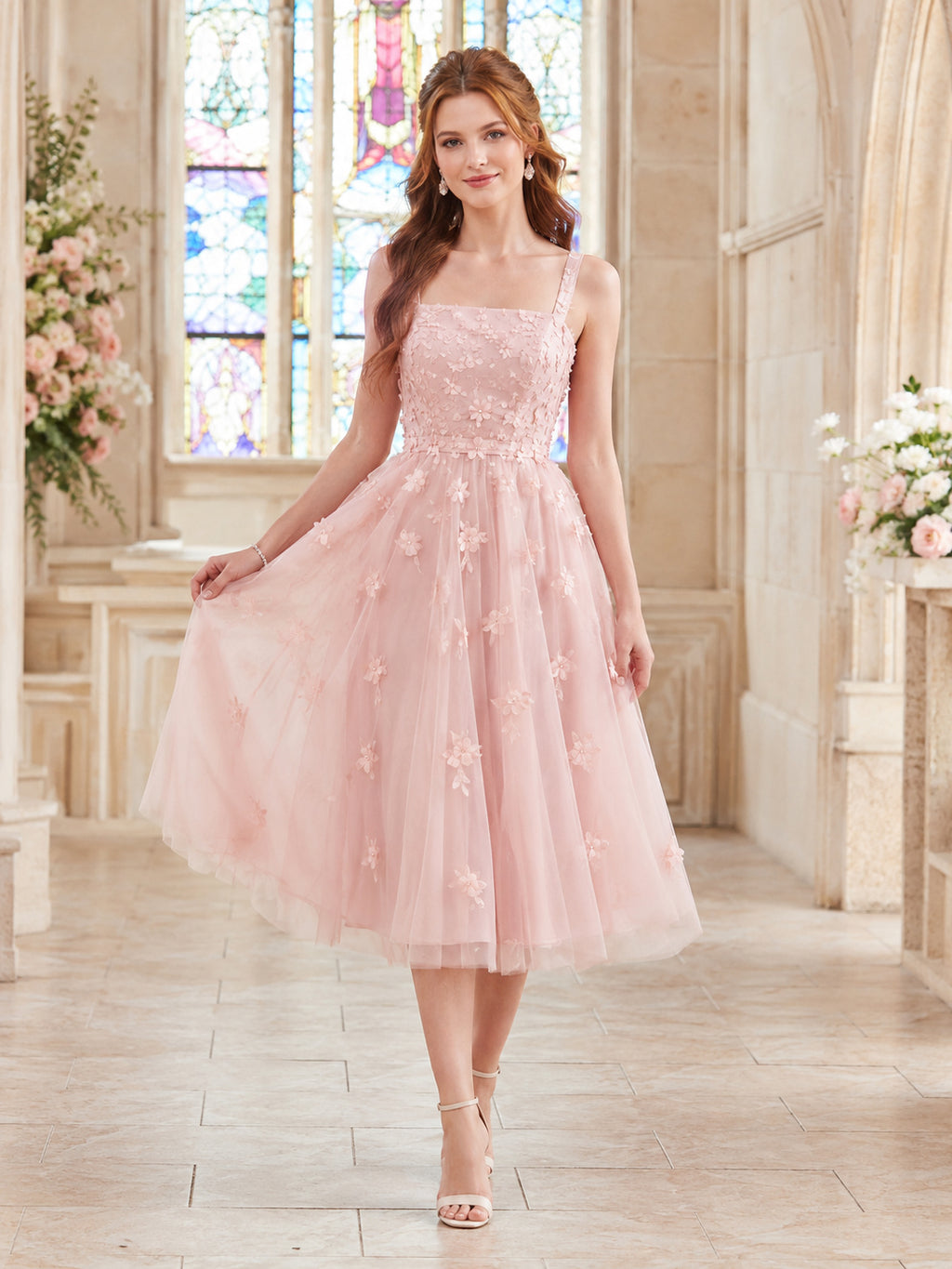 Blush Floral Tulle Bow Waist Flower Girl Dress front view