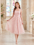 Blush Floral Tulle Bow Waist Flower Girl Dress front view