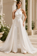 White Halter Bridal Jumpsuit with Flowing Overskirt Train front view