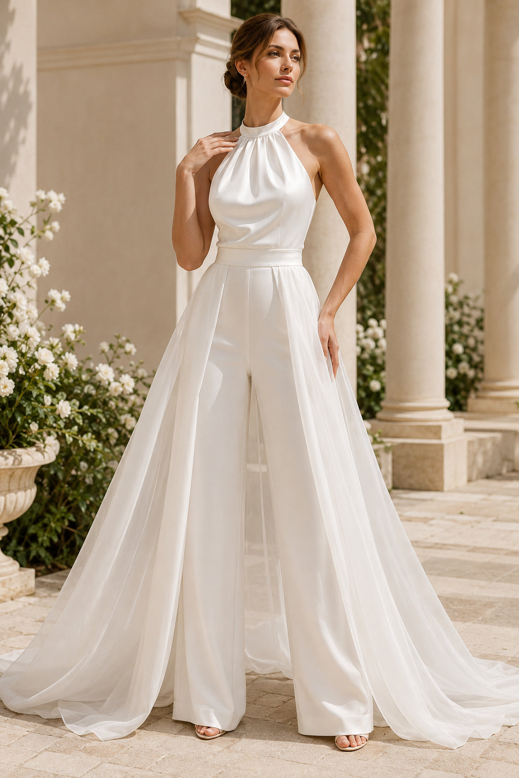 White Halter Bridal Jumpsuit with Flowing Overskirt Train front view