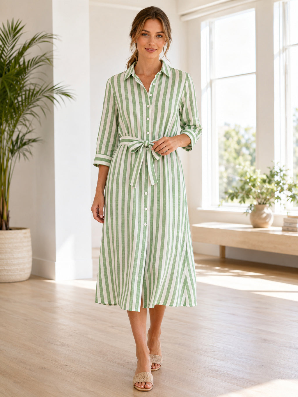 Green Striped Shirt Collar Belted Casual Midi Dress front view