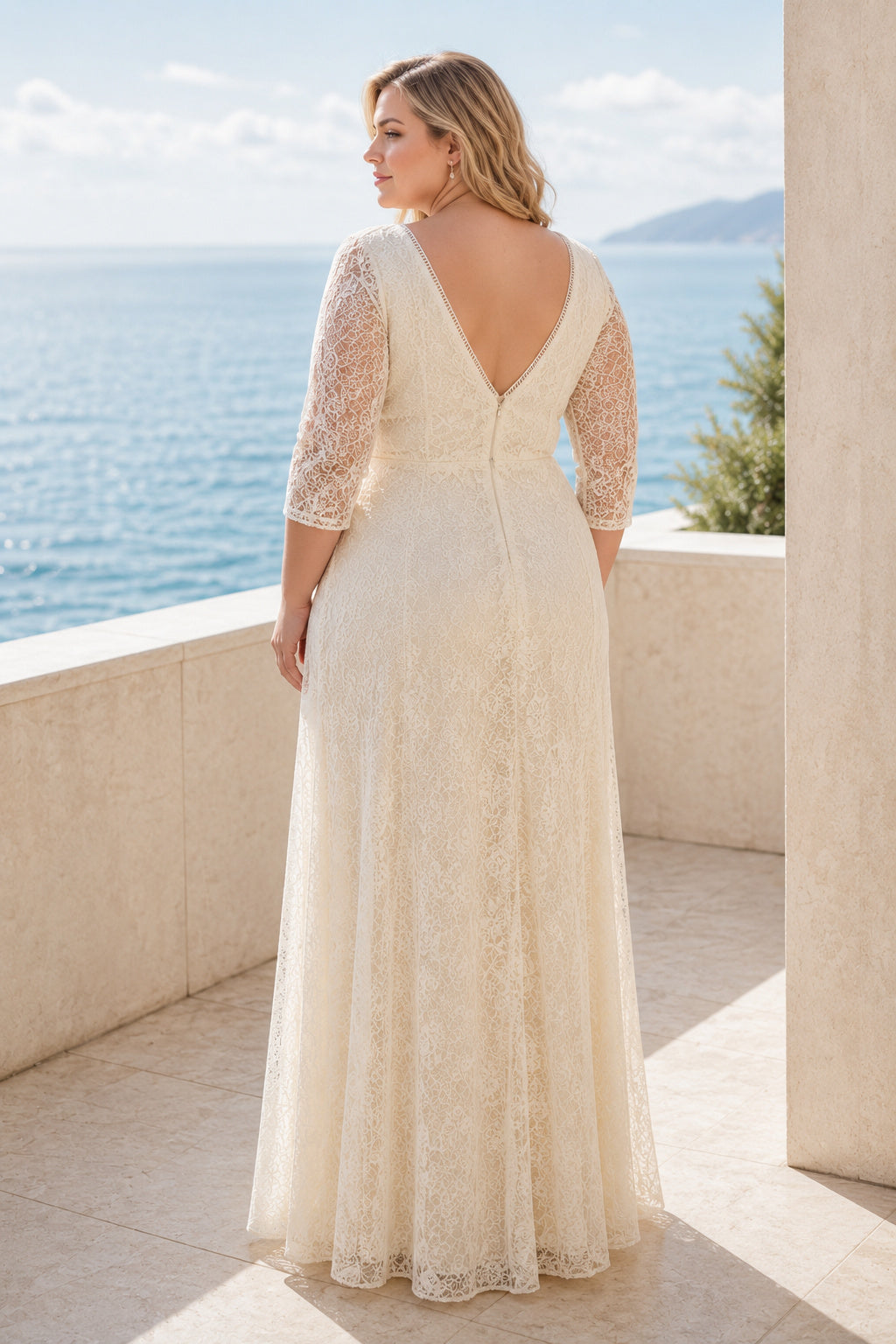 White V-neck Long Sleeves A-Line Chiffon Floor-length Wedding Dress With Lace Bodice and Sweep Train
