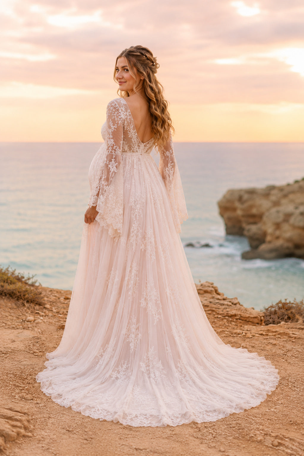 Blushing Pink Long Sleeve Lace Maternity Wedding Dress with Soft Train back view