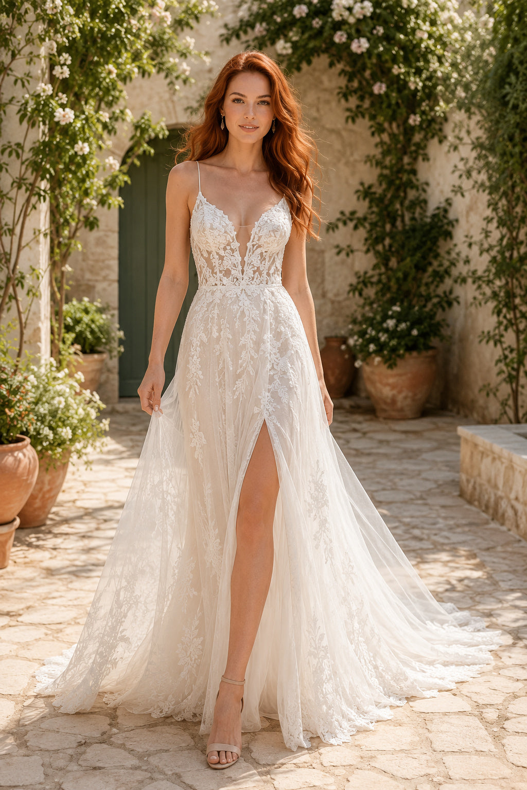 Ivory Sexy Spaghetti Neck A-Line Lace Tulle Wedding Dress with Spaghetti Straps and Sweep Train front view