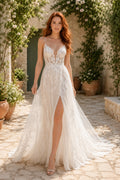 Ivory Sexy Spaghetti Neck A-Line Lace Tulle Wedding Dress with Spaghetti Straps and Sweep Train front view