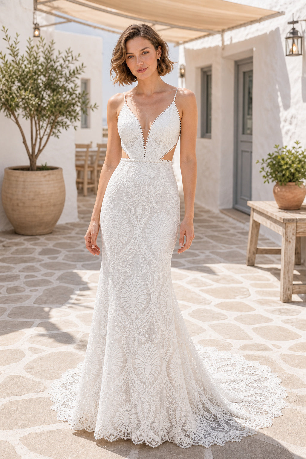 White Illusion Long Sleeves Mermaid Lace Floor-length Wedding Dress With Lace and Lace Bodice