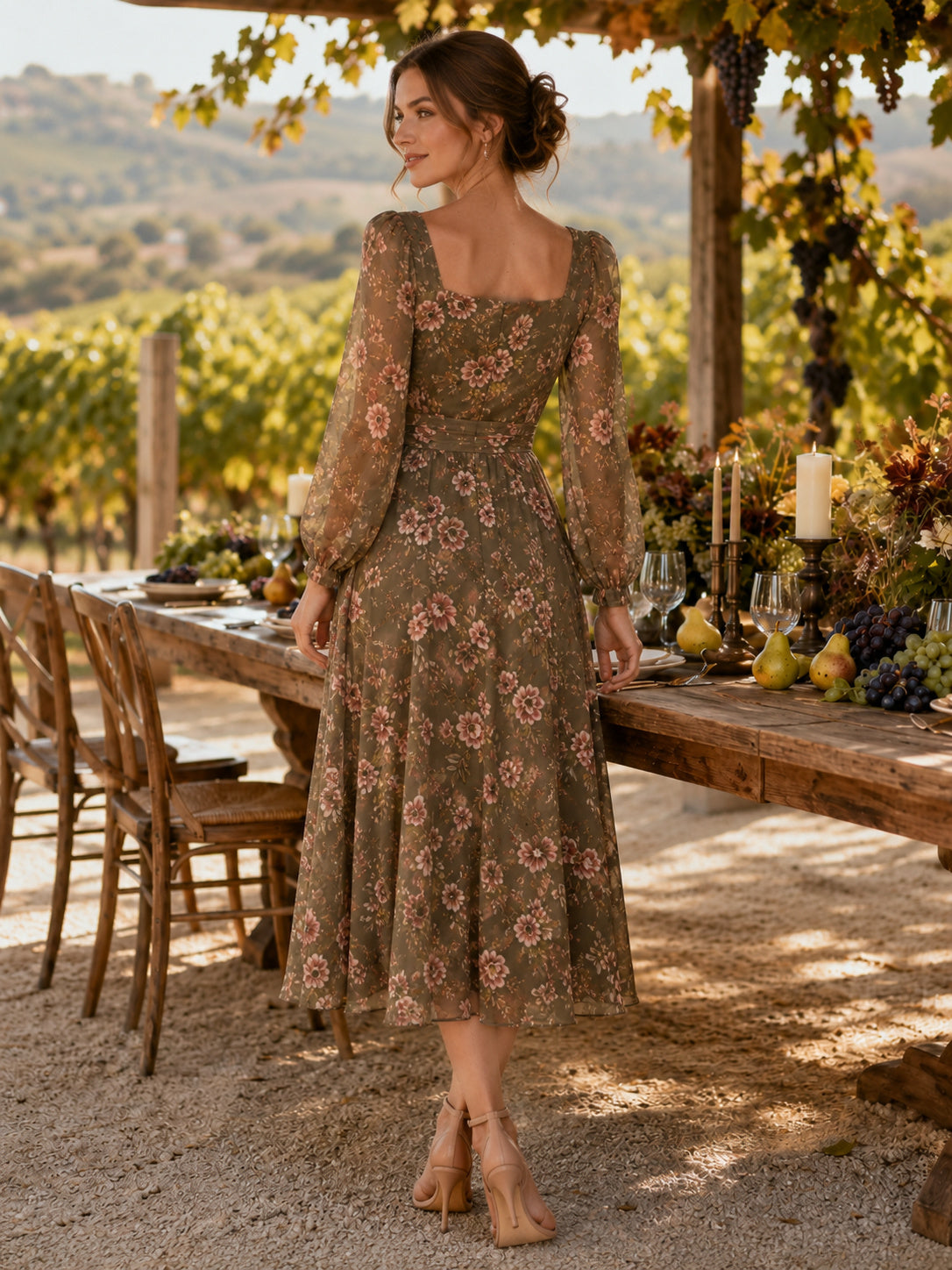 Olive Floral Square Neck Long Sleeve A Line Midi Dress back view