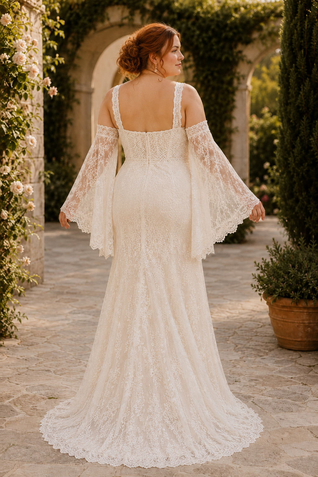 Plus Size Ivory Square Neck Strap Bell Sleeve Lace Tulle Mermaid Wedding Dress with Bell Sleeves and Fitted Lace Train back v