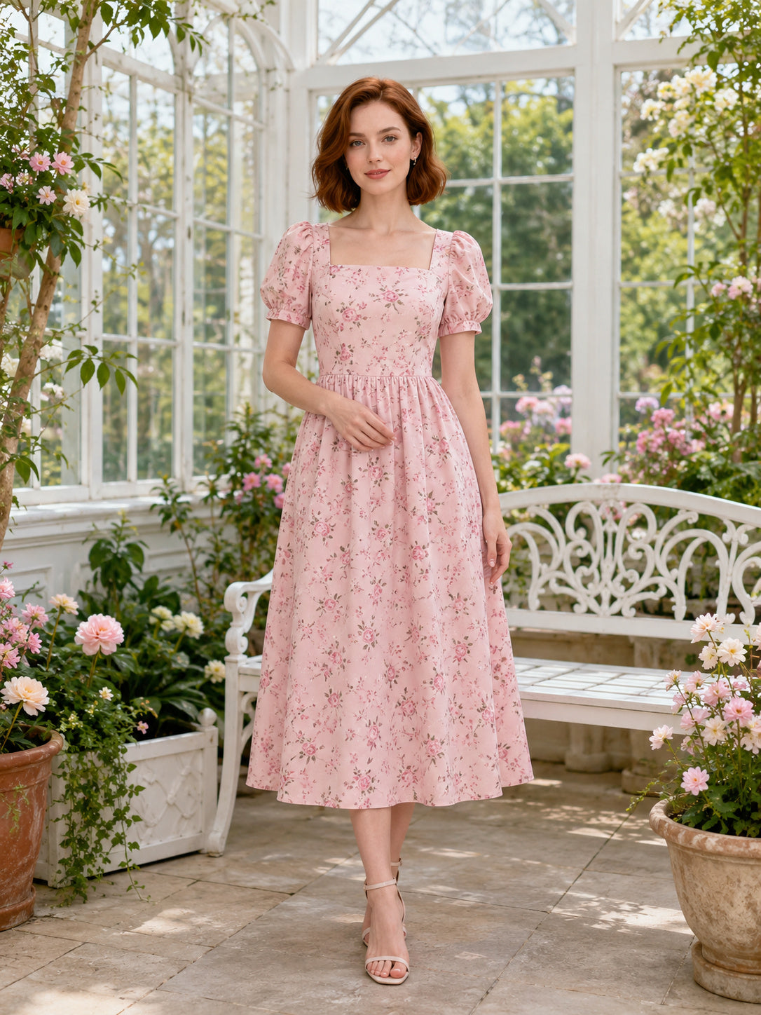Light Pink Floral Short Sleeve A Line Midi Garden Dress front view