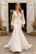 Long Sleeve V-Neck Mermaid Wedding Dress with Lace Overlay and Sweep Train for Rustic Garden Ceremony front view