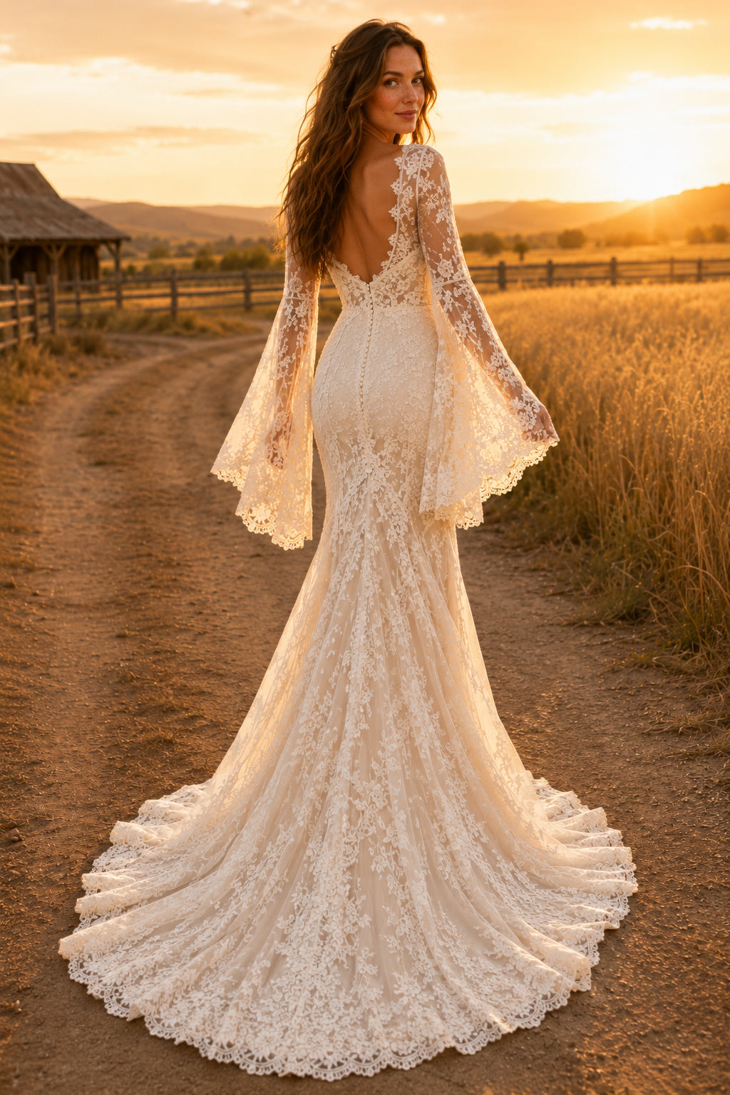 Off the Shoulder Mermaid Wedding Dress with Lace Bell Sleeves and Scalloped Train back view