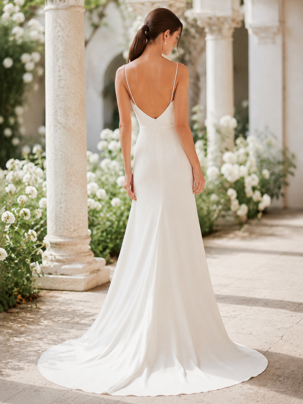 Simple Spaghetti Strap Low Back Crepe Sheath Bridal Gown back view