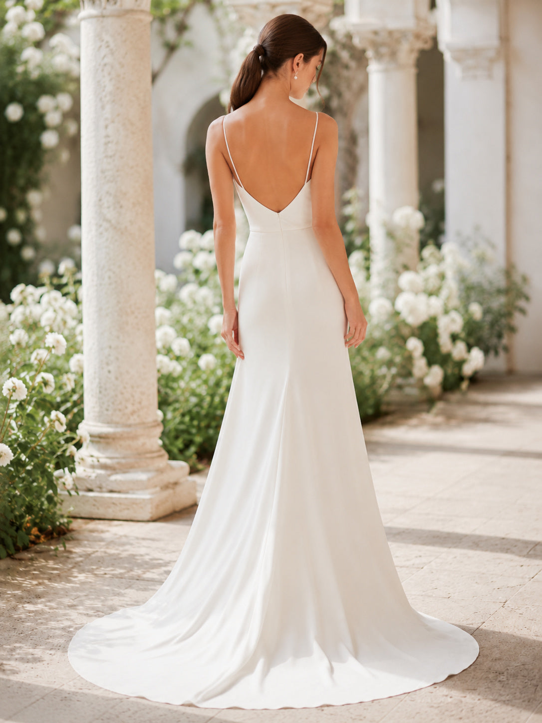 Simple Spaghetti Strap Low Back Crepe Sheath Bridal Gown back view