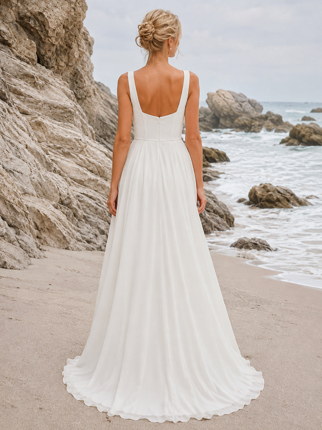 Square Neck Chiffon Rocky Beach Elopement Bridal Gown back view