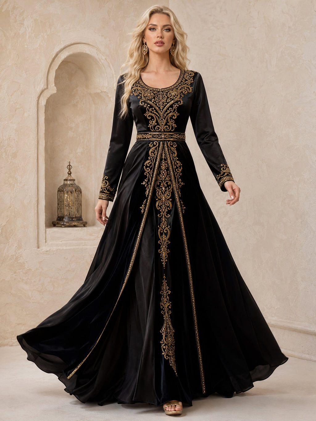 Modest Black Scoop Neck Long Sleeve Gold Embroidered Satin A-Line Floor Length Evening Dress front view