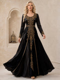 Modest Black Scoop Neck Long Sleeve Gold Embroidered Satin A-Line Floor Length Evening Dress front view