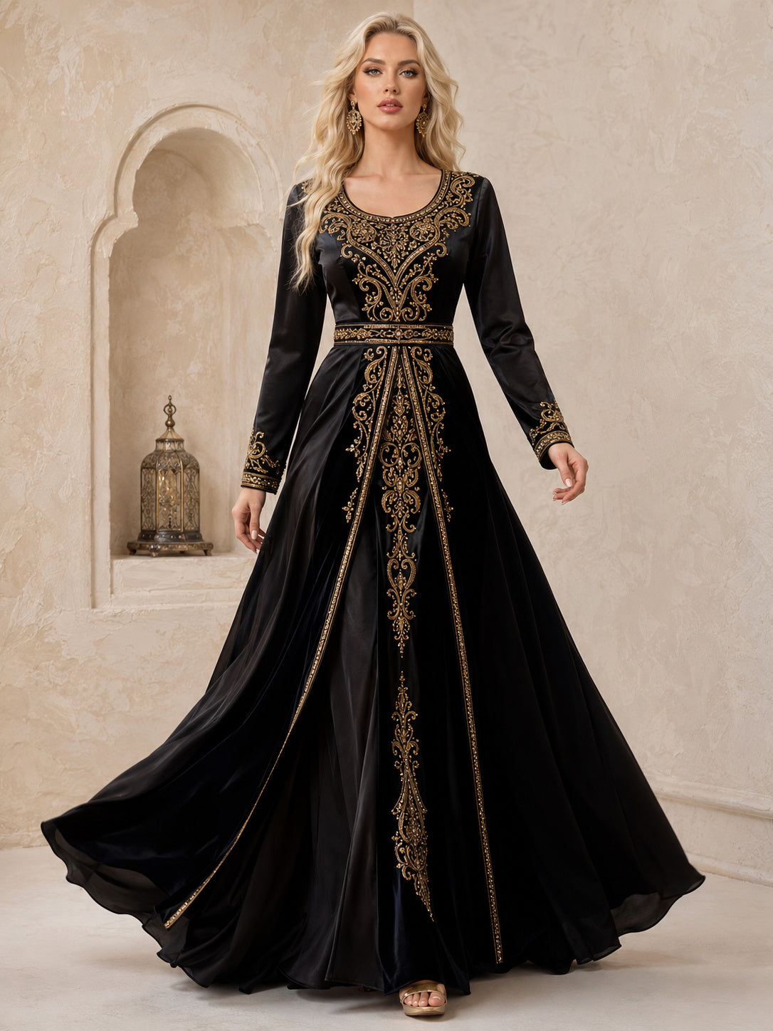 Modest Black Scoop Neck Long Sleeve Gold Embroidered Satin A-Line Floor Length Evening Dress front view