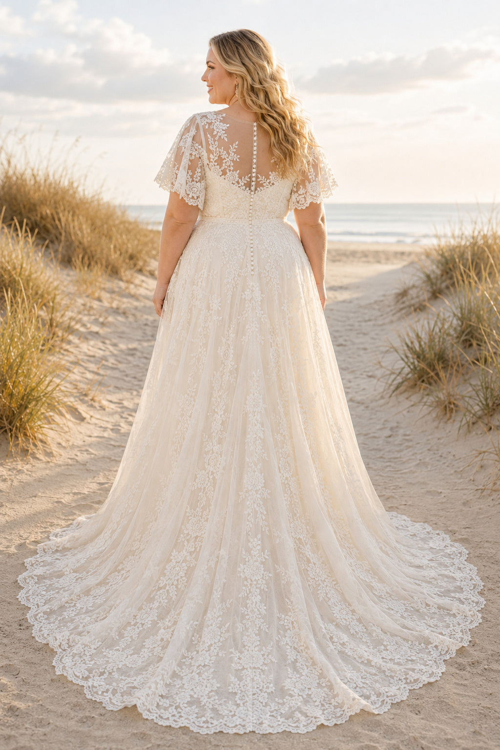 Ivory Plus Size V-Neck Lace A-Line Wedding Dress with Flutter Sleeves and Scalloped Train Style MG_700575 back view