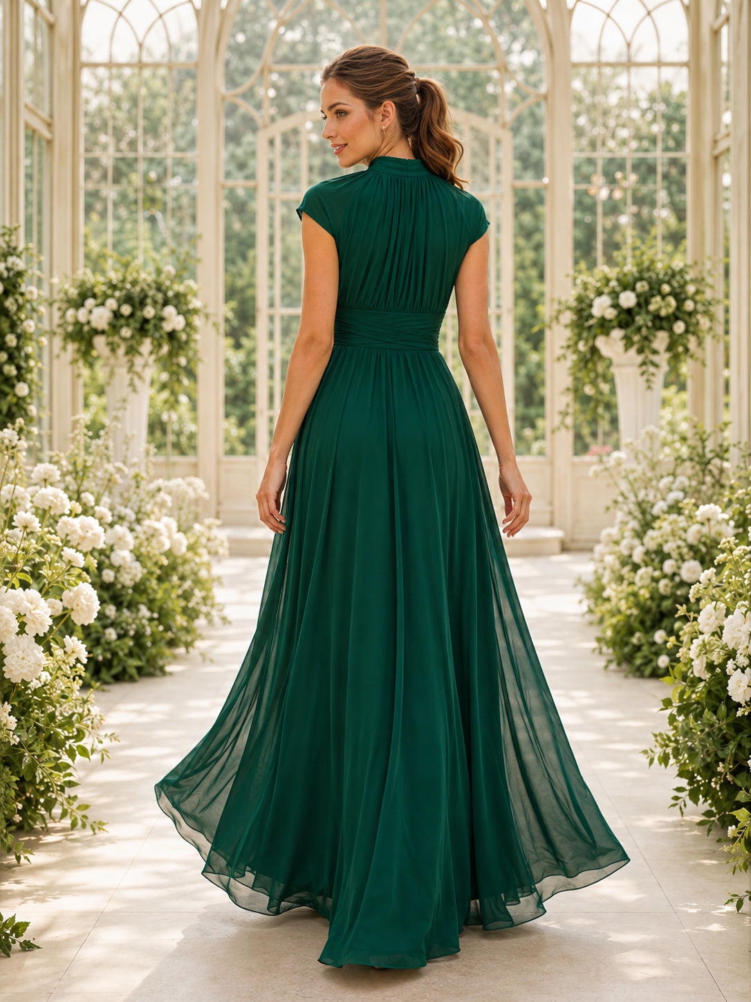 Dark Green High Neck Cap Sleeve Chiffon Maxi Guest Dress back view