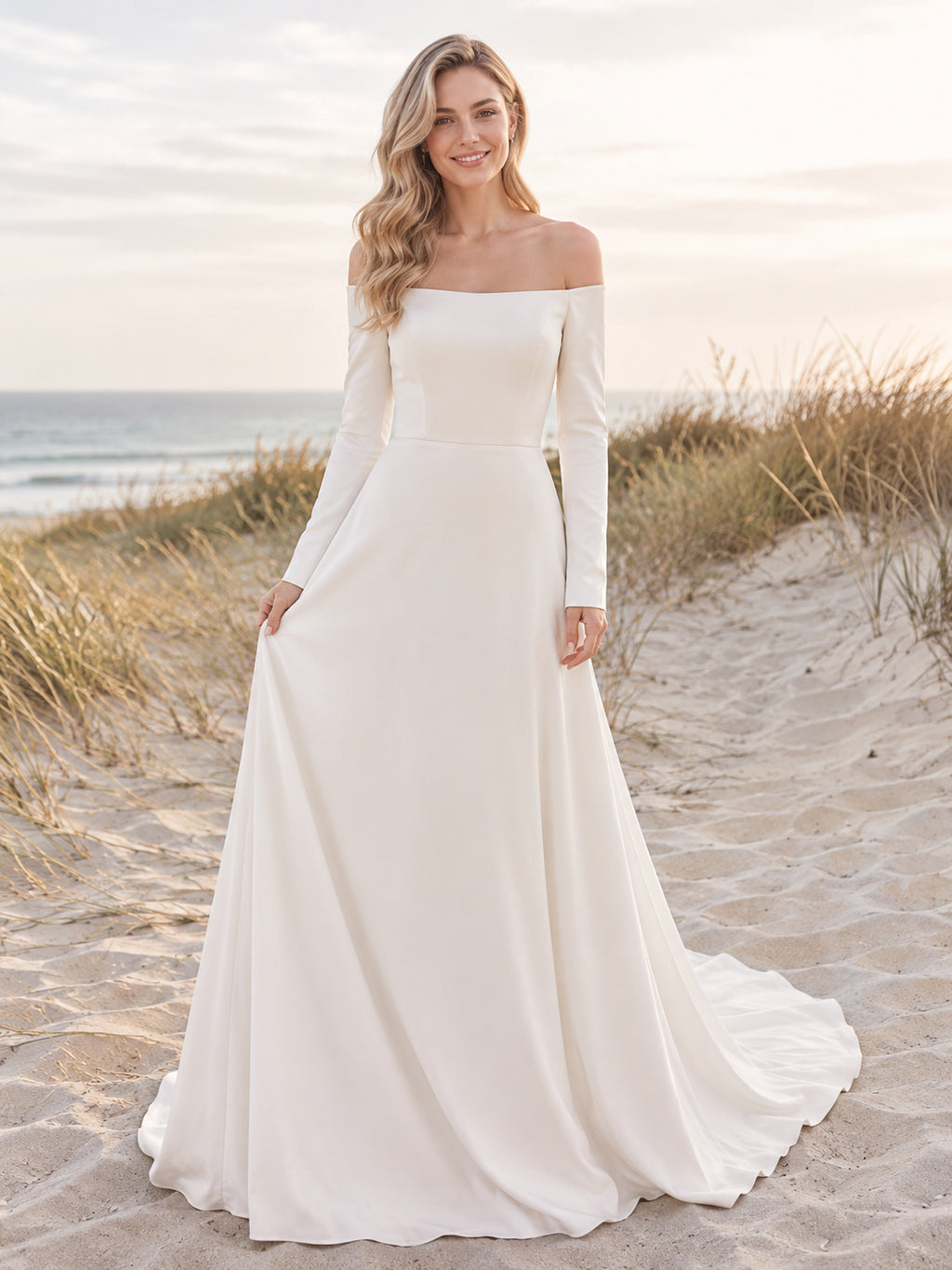Minimalist Chiffon Wedding Dress A-Line Off Shoulder Long Sleeve Court Train Bridal Gown front view