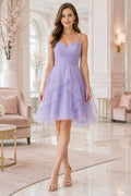 Lavender V-Neck Tulle A-Line Knee Length Dress with Ruffle Overlay for Bridesmaid, Wedding Guest, and Formal Evening Events f