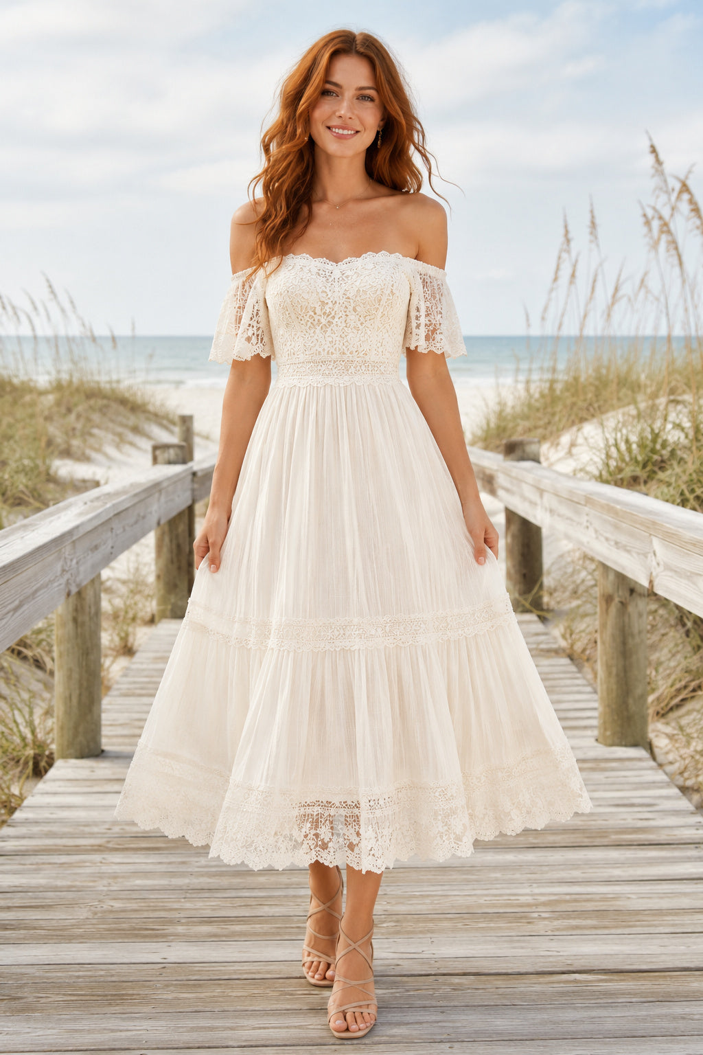 Off the Shoulder Tea Length Wedding Dress with Lace Bodice and Tiered Tulle Skirt front view