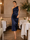 Dark navy one shoulder satin midi sheath rehearsal dress front view