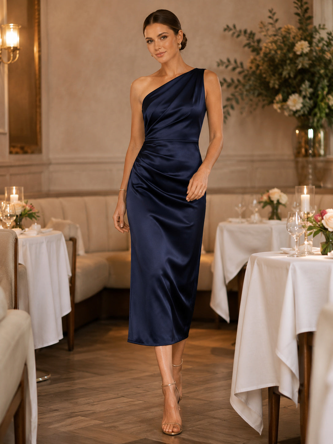Dark navy one shoulder satin midi sheath rehearsal dress front view