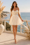 Ivory Off Shoulder Lace Tulle Mini Reception Dress Corset Back for Wedding Reception and Party front view