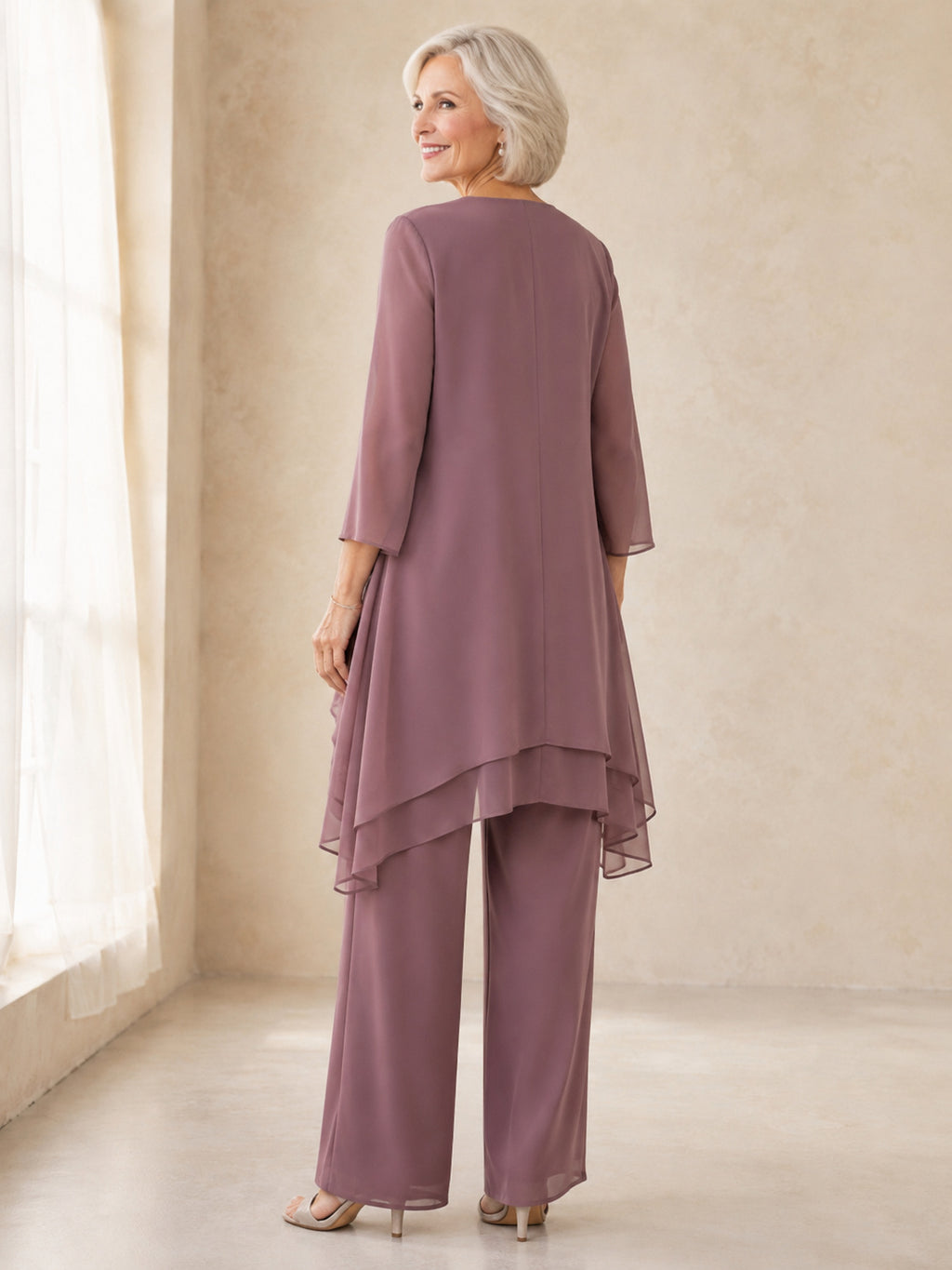 Vintage Mauve Romantic Layered Chiffon Duster Three-Piece Mother of the Bride Pantsuit back view