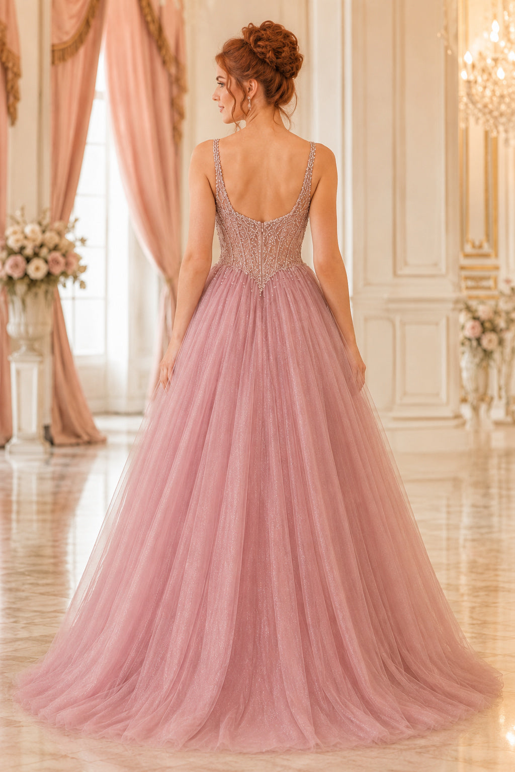 Dusty Rose Spaghetti Strap Dusty Rose Tulle Ball Gown with Beaded Bodice Floor Length And Sweep/Brush Train Ball Gown Prom Dr