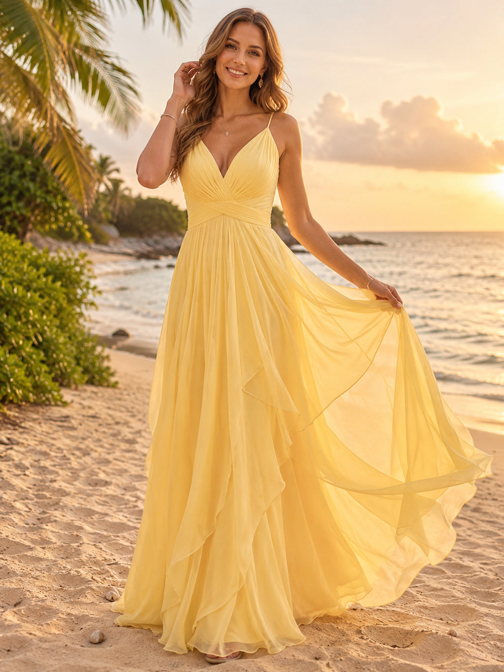 Yellow Spaghetti Strap Chiffon Sunset Beach Bridal Gown front view