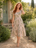 Soft Fern Print V-Neck Cap Sleeve Garden Midi Dress front view