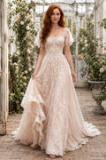 Blushing Pink Square Neck Cap Sleeve Lace A-Line Wedding Dress Train for Wedding Ceremony and Reception front view
