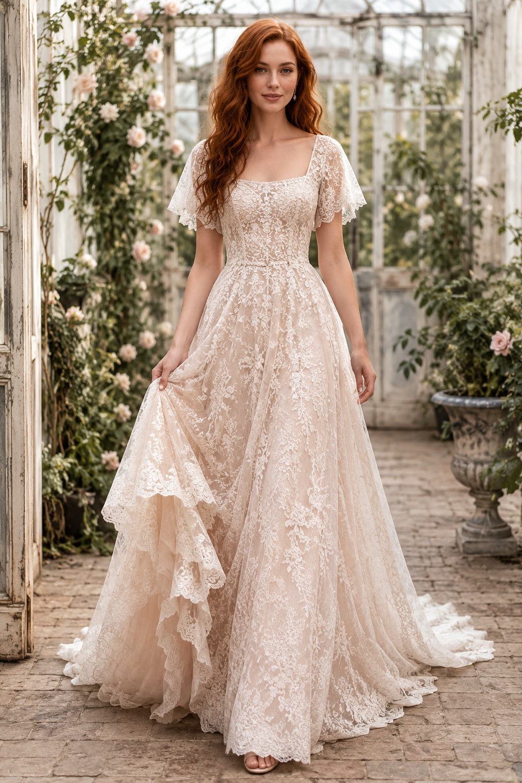 Blushing Pink Square Neck Cap Sleeve Lace A-Line Wedding Dress Train for Wedding Ceremony and Reception front view