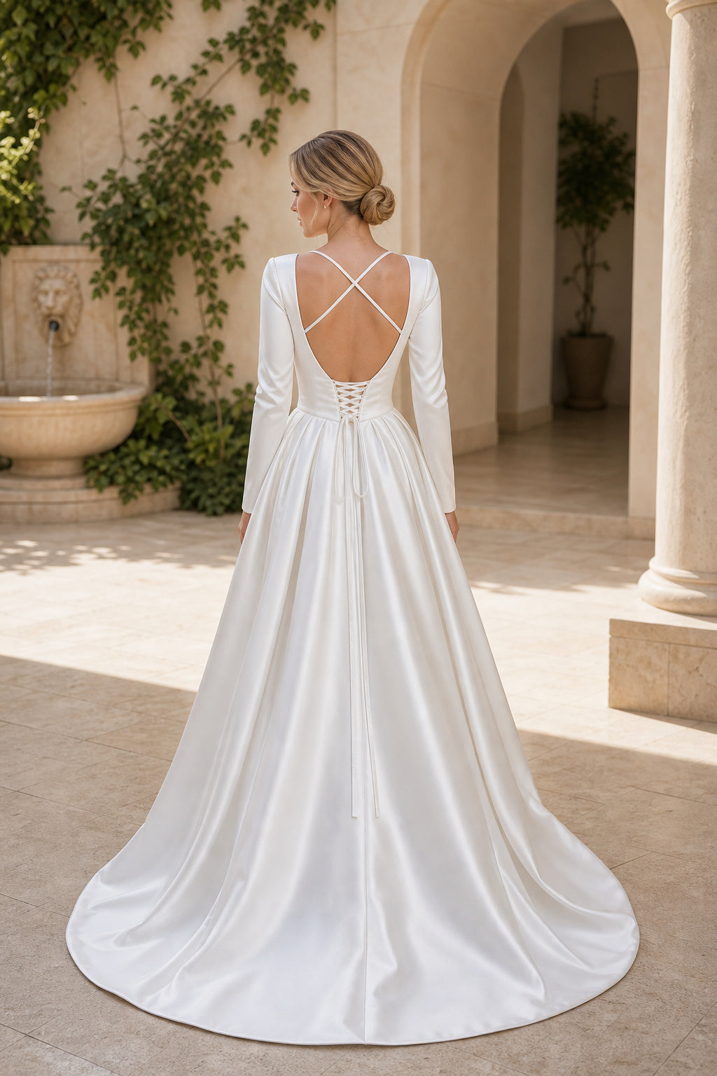White Bateau Three-Quarter Sleeves A-Line Chiffon Floor-length Wedding Dress With Sweep Train and Open Back and Open Back