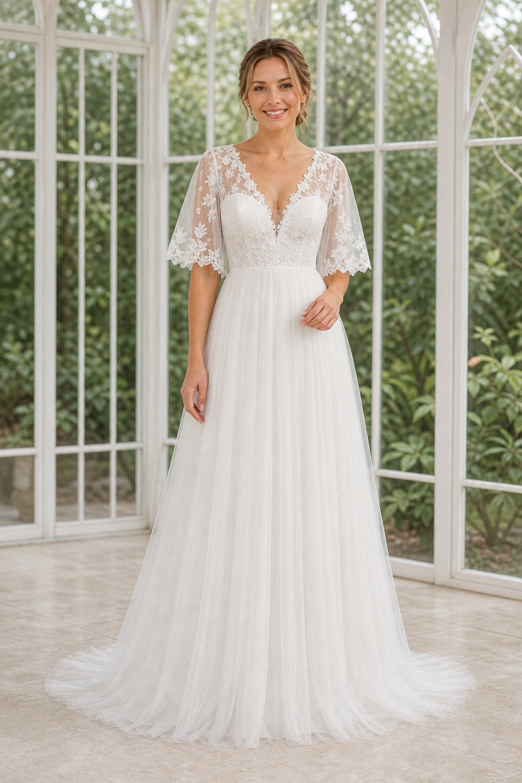 Ivory V-neck Flutter Sleeve A-Line Chiffon Floor-Length Dress With Lace Bodice
