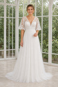 Ivory V-neck Flutter Sleeve A-Line Chiffon Floor-Length Dress With Lace Bodice