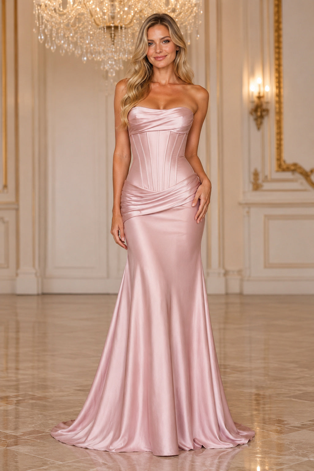Pearl Pink Strapless Satin Sheath Gown with Ruched Waist and Sweep Train Floor Length And Sweep/Brush Train Sheath Prom Dress