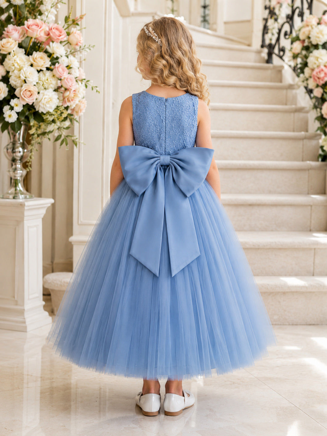Flower Girl Dress Steel Blue Tulle A-Line Sleeveless Jewel Neck Tea Length Bow Back back view