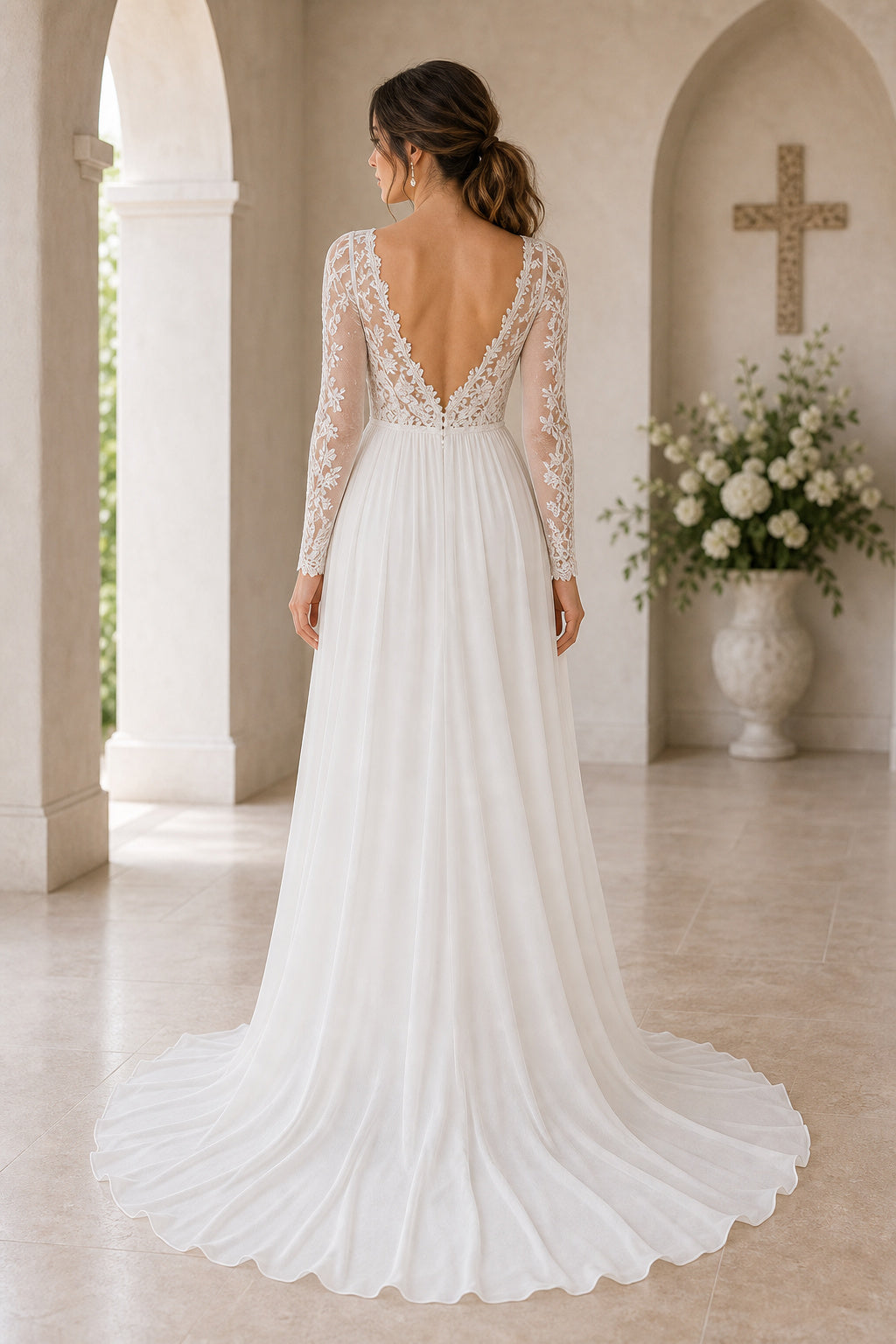 Ivory Illusion A-Line Satin Floor-length Wedding Dress With Floral Appliques and Front Slit