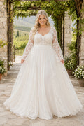 Plus Size Ivory V-Neck Long Illusion Sleeve Lace Tulle A-Line Wedding Dress with Long Lace Sleeves and Full Tulle Skirt front